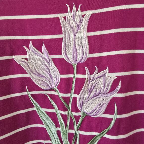 Bob Mackie Artsy Women’s Large Pink Stripe Floral Embroider 3/4 Sleeve Shirt Top - Picture 4 of 7